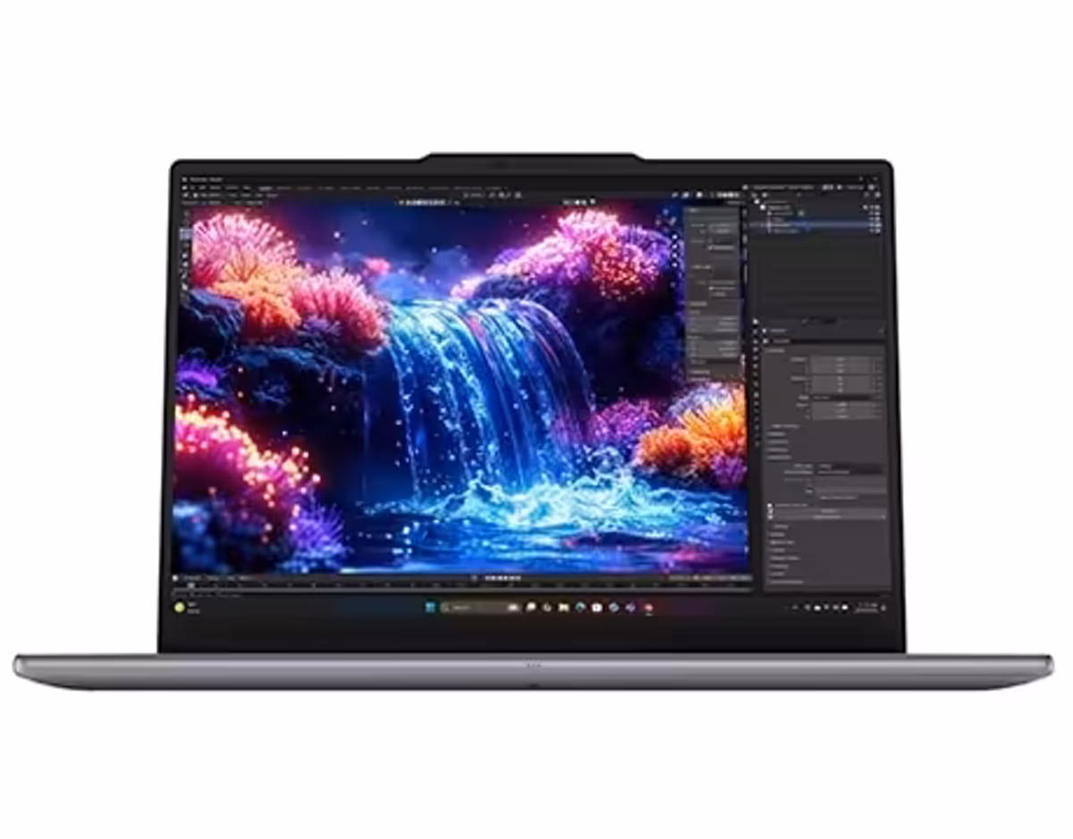 Front view of the Lenovo Yoga Pro 7i Gen 11 Aura Edition (15” Intel) with a waterfall on the display.