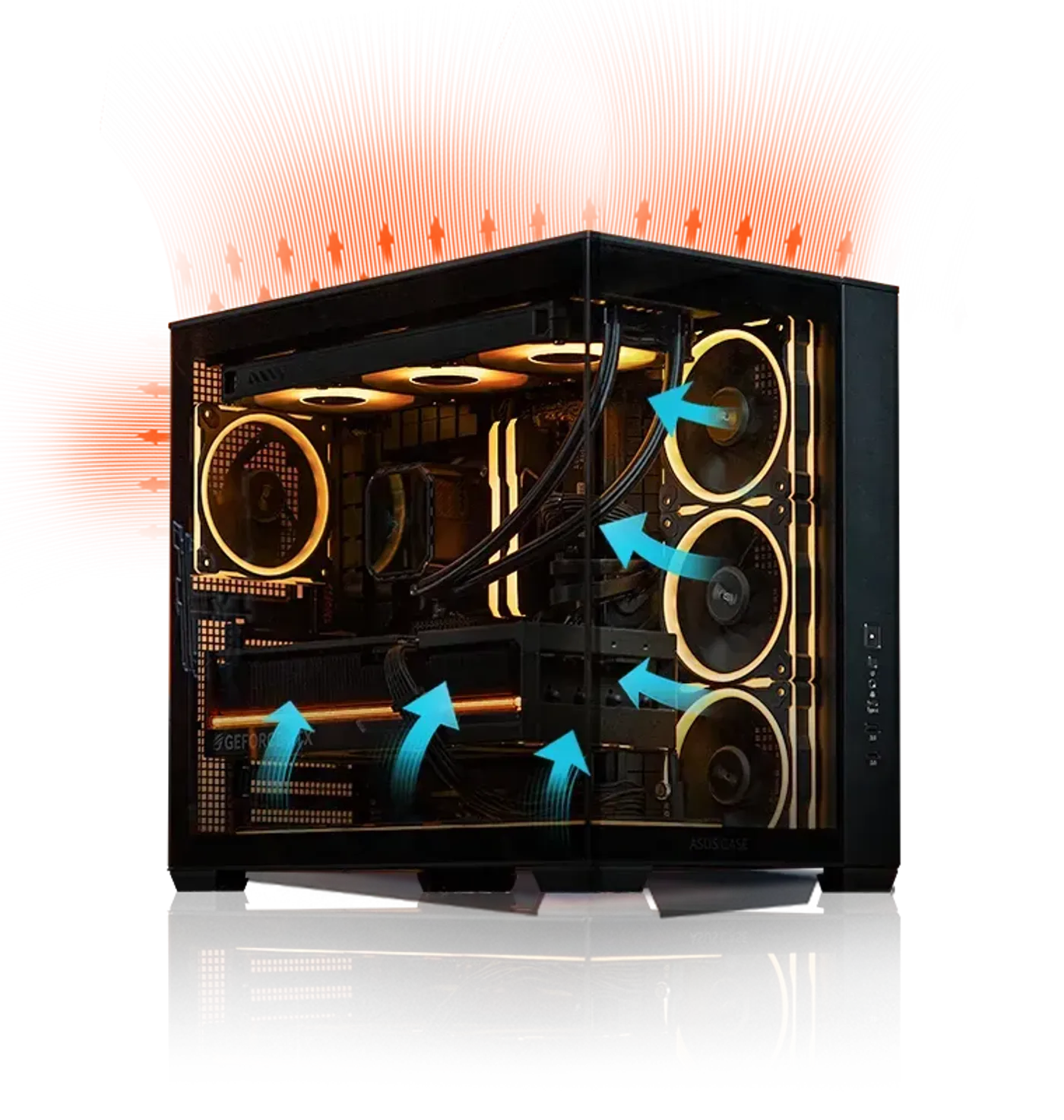 An A32 PLUS build with glowing fans sets against a dark backdrop with blue and red airflow arrows to show the thermal design
