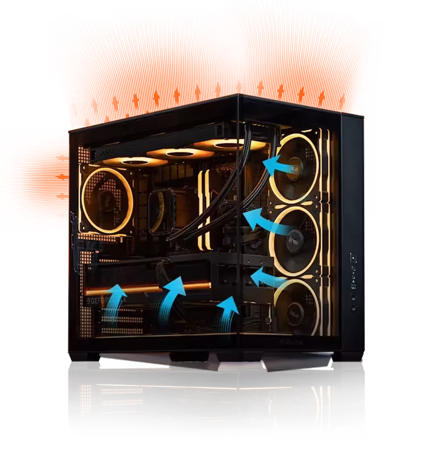 An A32 PLUS build with glowing fans sets against a dark backdrop with blue and red airflow arrows to show the thermal design