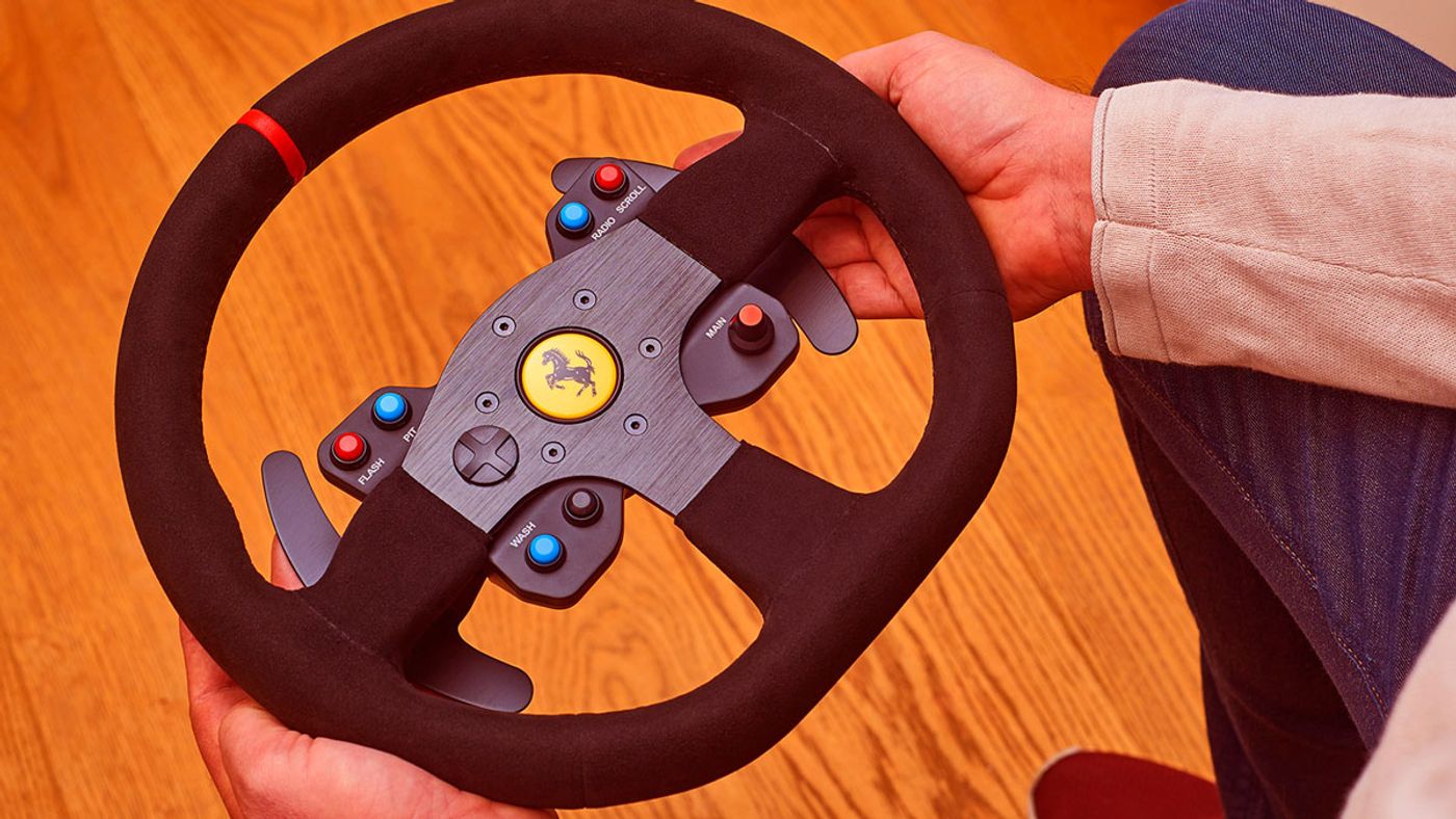 Thrustmaster F599XX EVO Alcantara racing wheel shown from the front