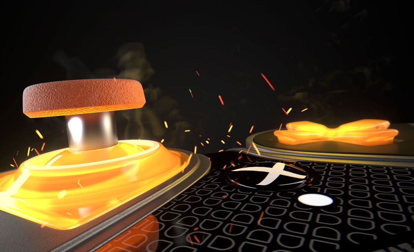 Orange backlighting glowing through the eSwap mini-stick modules and D-pad
