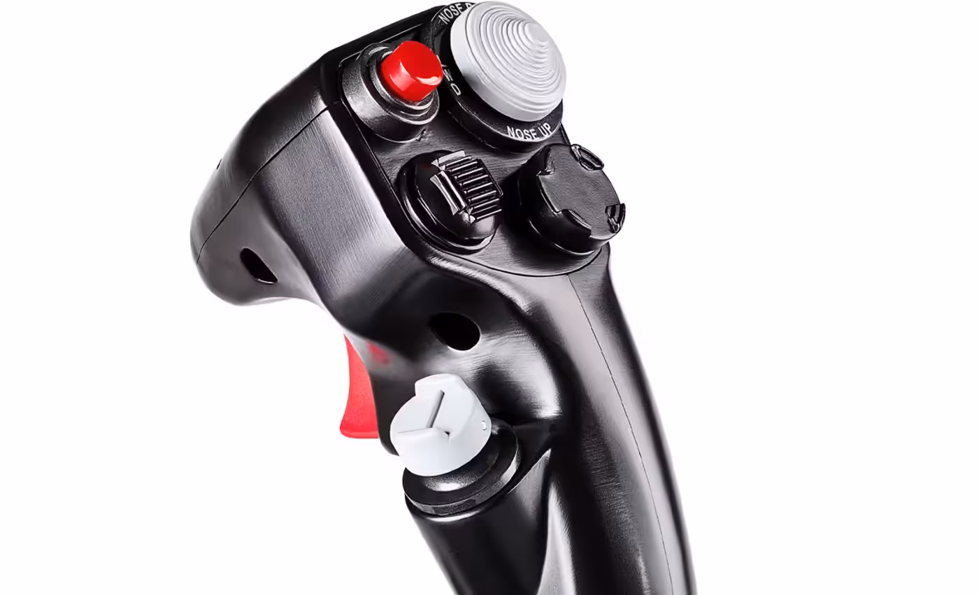 Thrustmaster F-16C Viper grip held in a pilot's hand during use