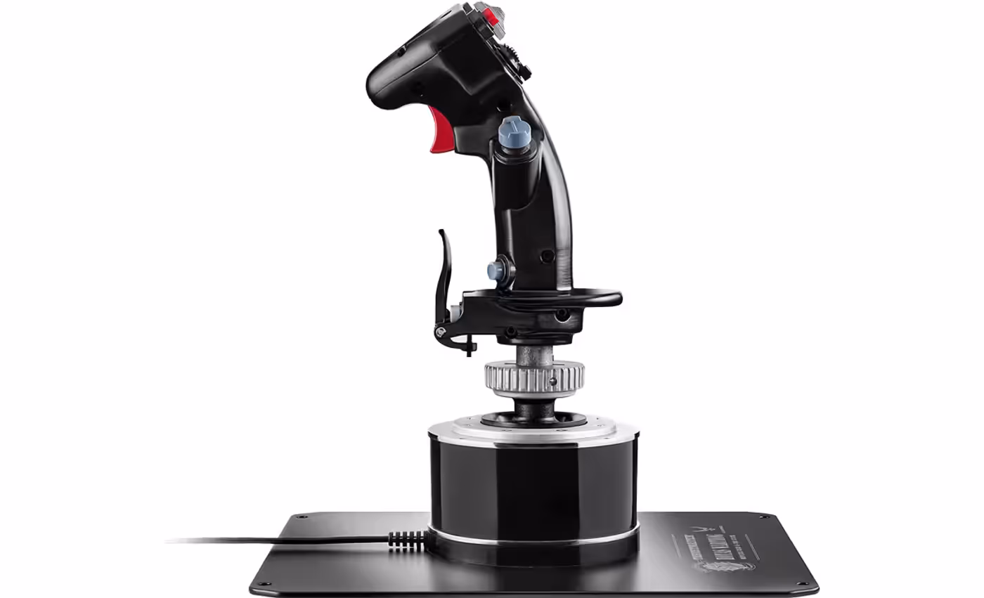 Thrustmaster F-16C Viper grip shown with its components for flight simulation use