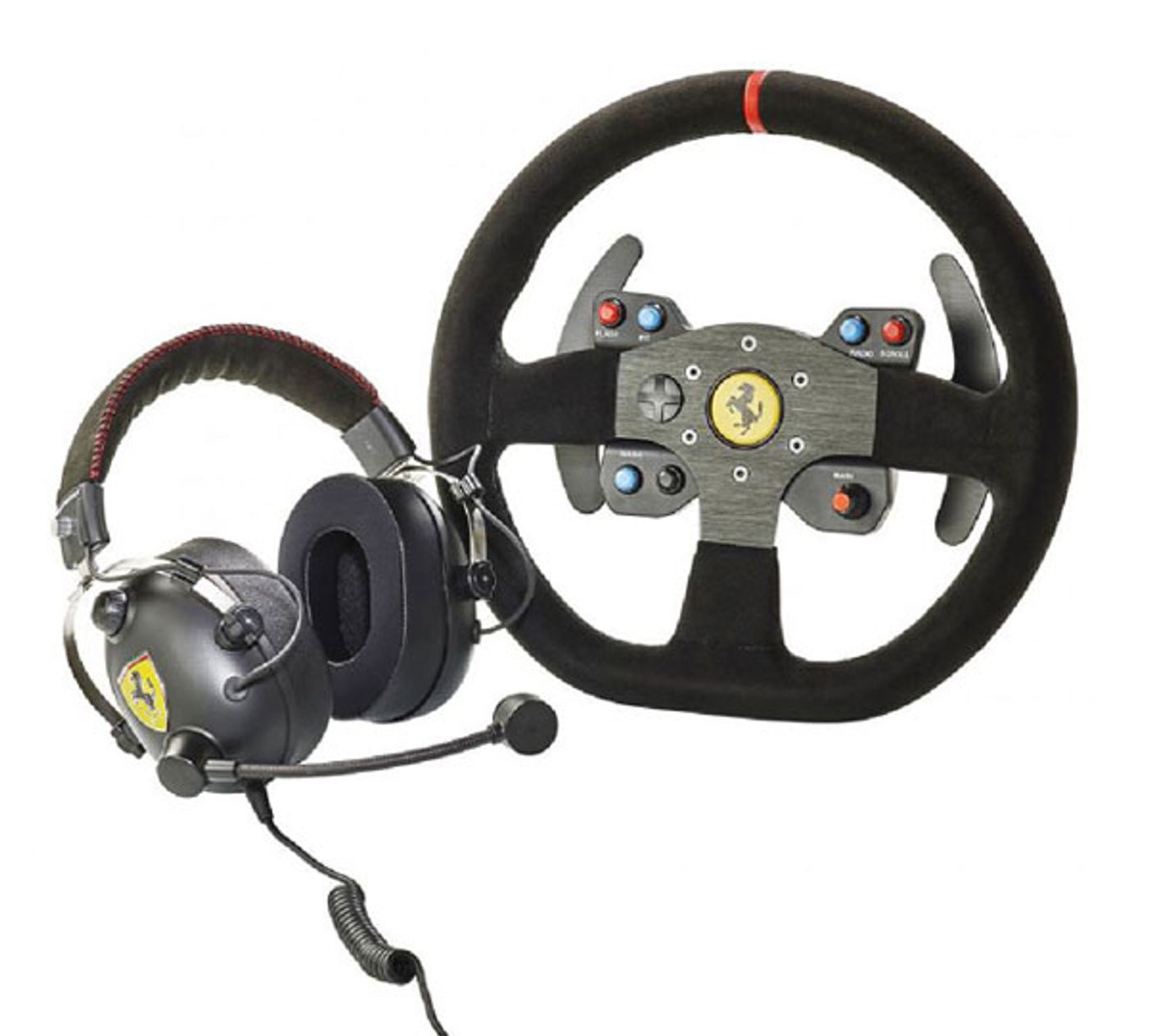 ThrustMaster Ferrari Alcantara race bundle showing the wheel and headset together