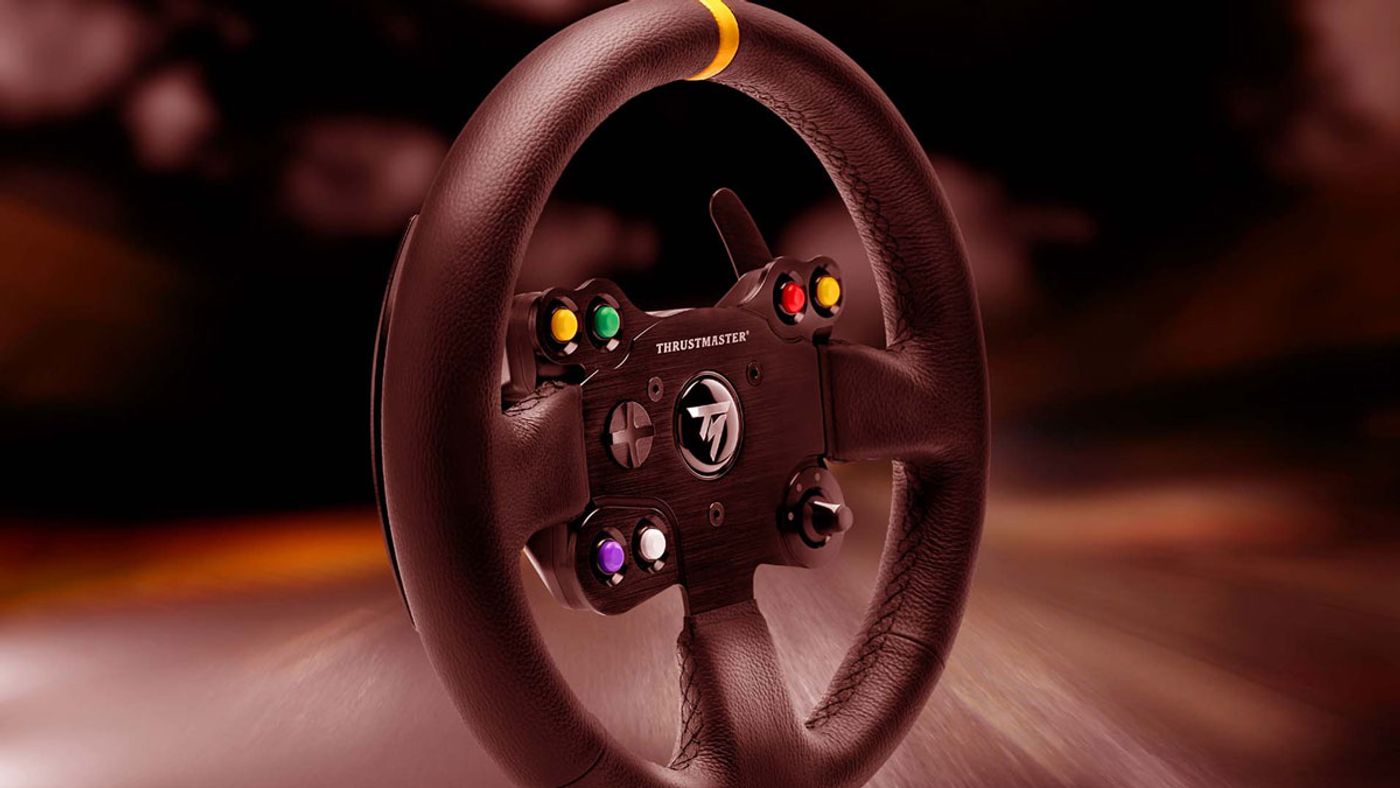 Thrustmaster Leather 28 GT Wheel Add-On shown front-on with its leather-wrapped rim