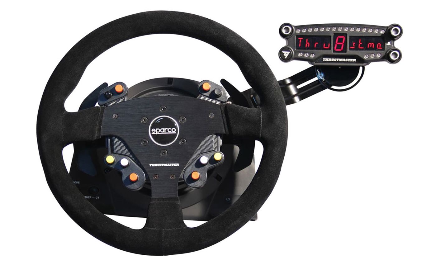 Thrustmaster LED Display Holder demonstrated with a compatible detachable-rim racing wheel