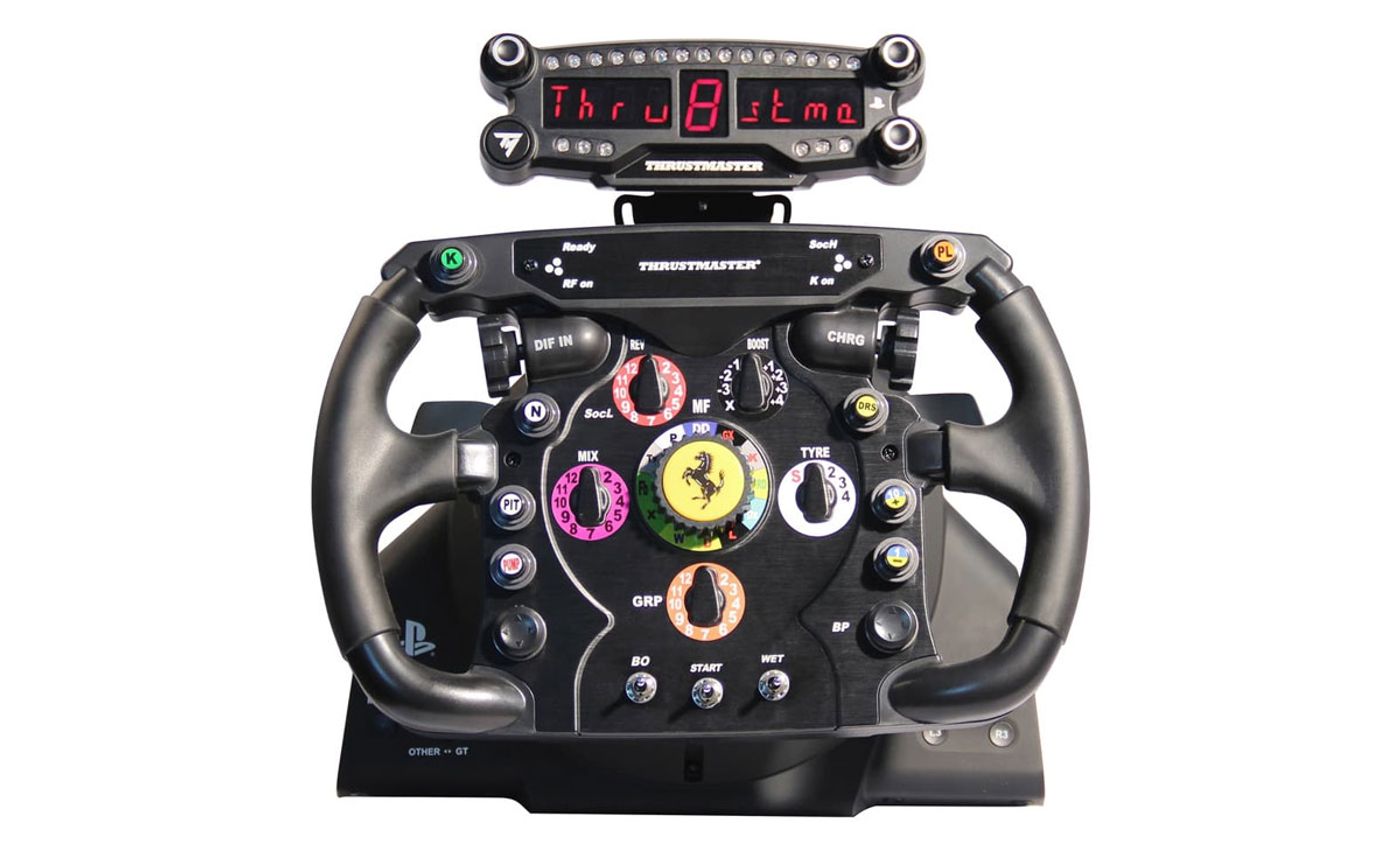 Thrustmaster LED Display Holder integrated into a racing wheel setup during use
