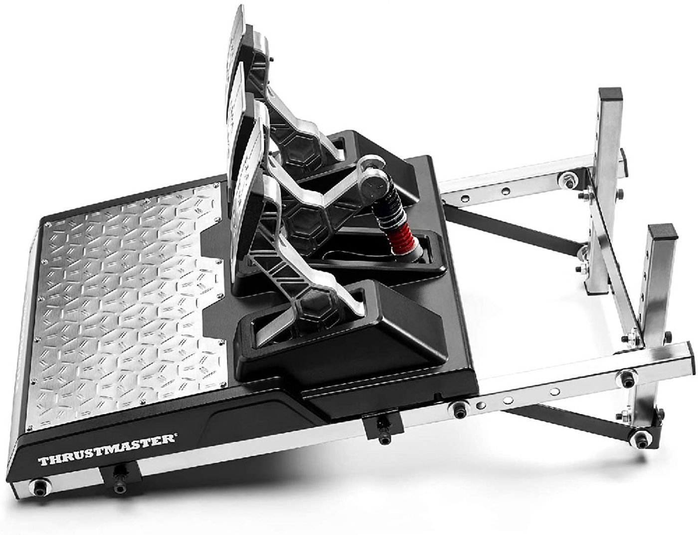 Thrustmaster Pedal T-Stand shown with the Thrustmaster pedal sets it supports