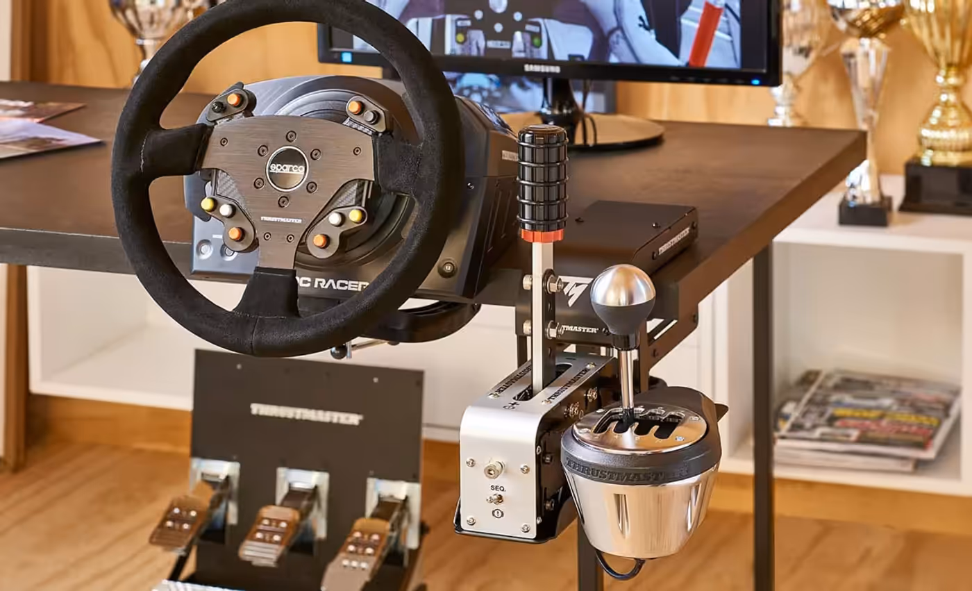 Thrustmaster TM Racing Clamp shown in multiple mounting configurations