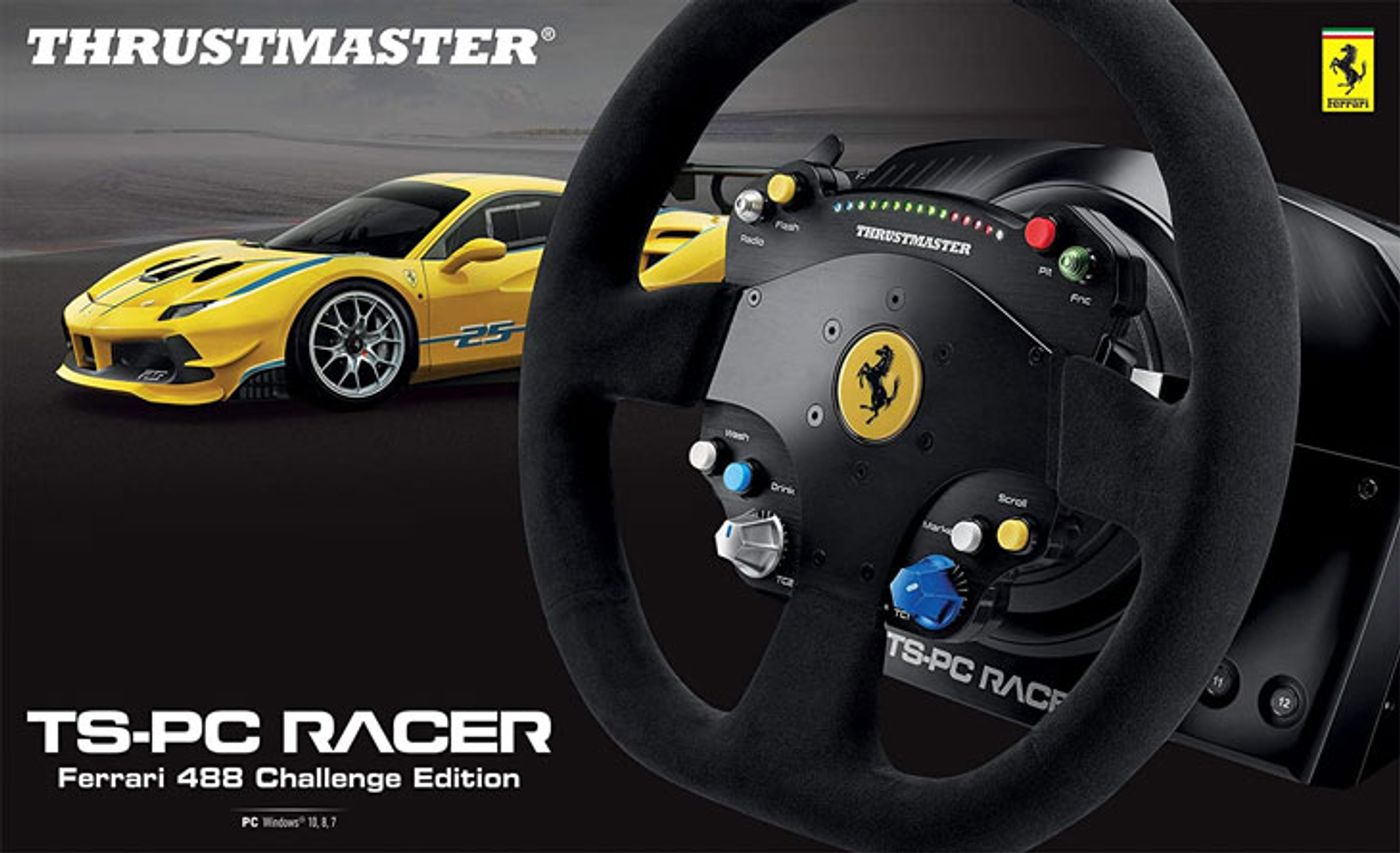 Thrustmaster TS-PC Racer Ferrari 488 Challenge Edition racing wheel viewed from the front