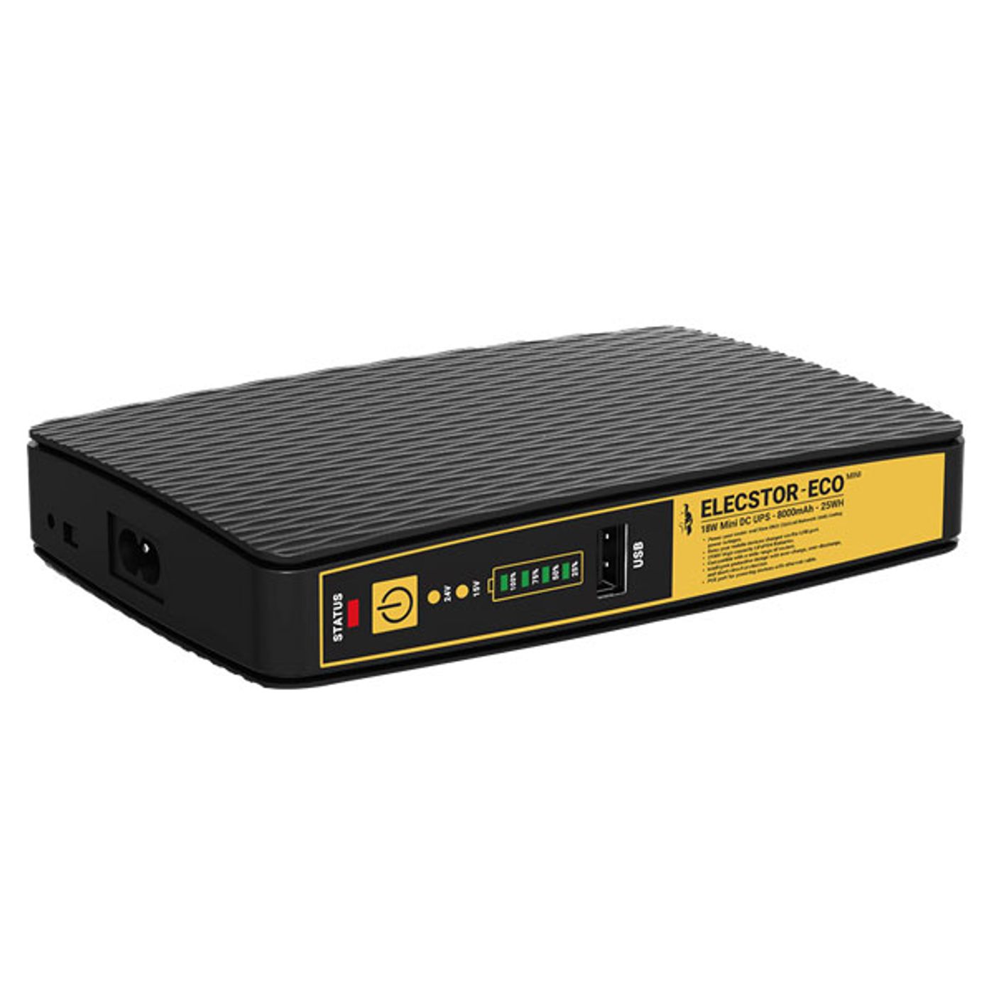 Elecstor ECO Mini 8000mAh UPS showing its DC, USB and POE output ports