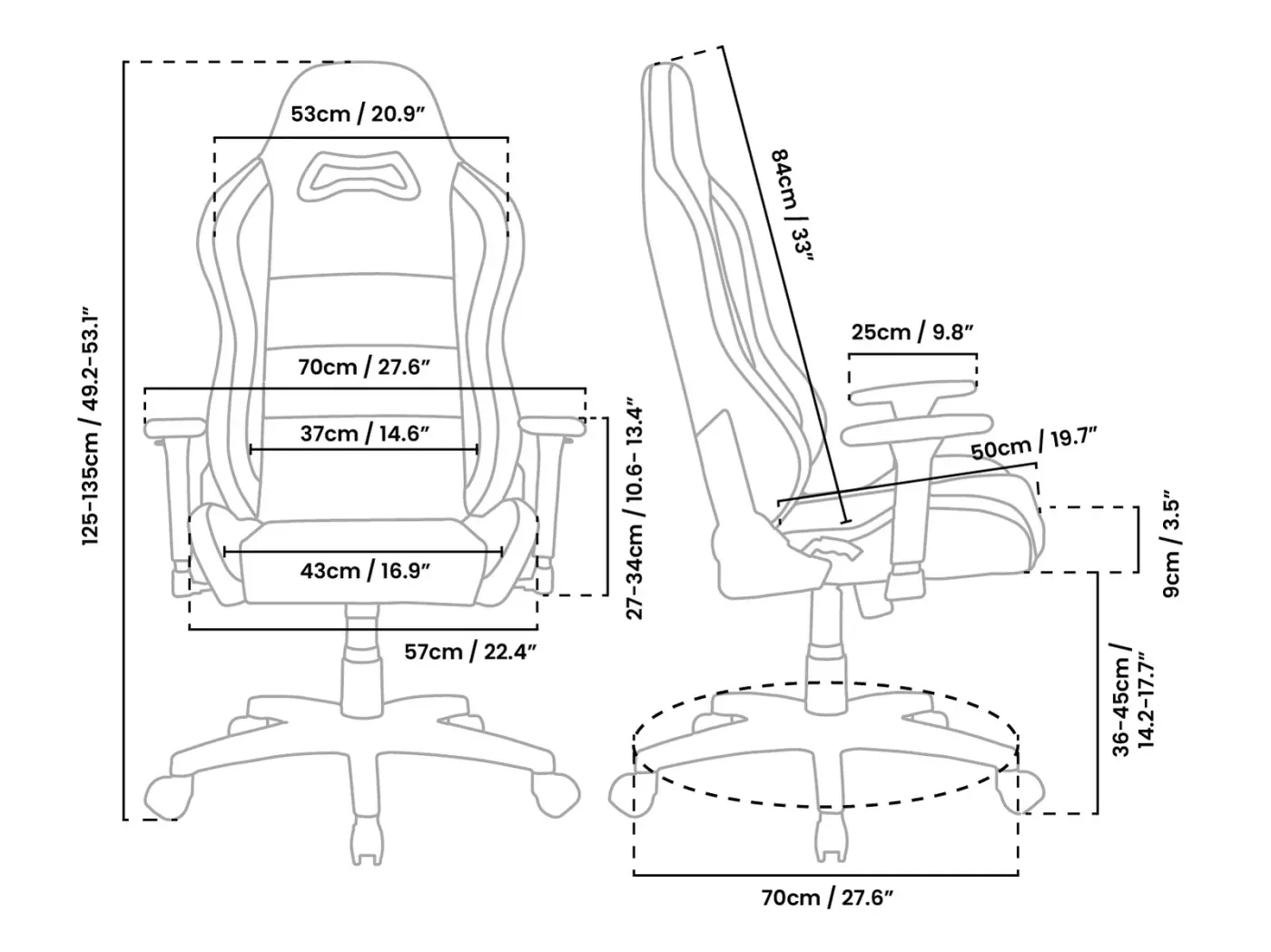 Dimensions and height suitability chart for the Torretta series chair