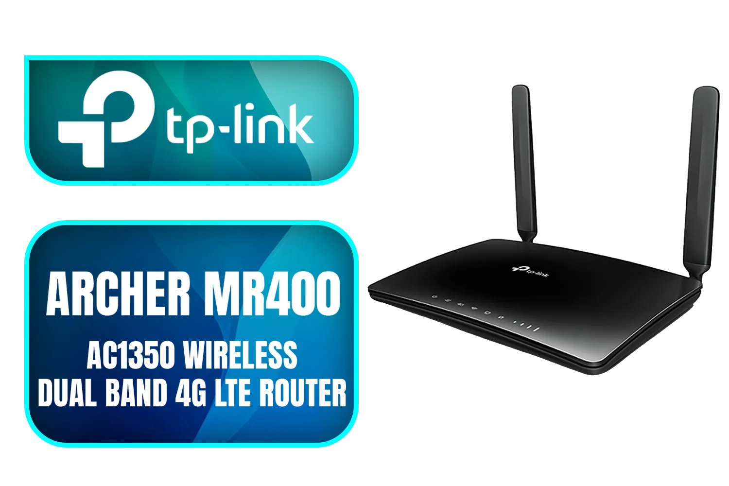 TP-Link Archer MR400 AC1350 Wireless Dual Band 4G LTE Router / Cutting-edge 4G network / Plug a SIM card and play / 2× Detachable External 4G LTE Antennas / 2.4 GHz and 5 GHz / ARCHER-MR400