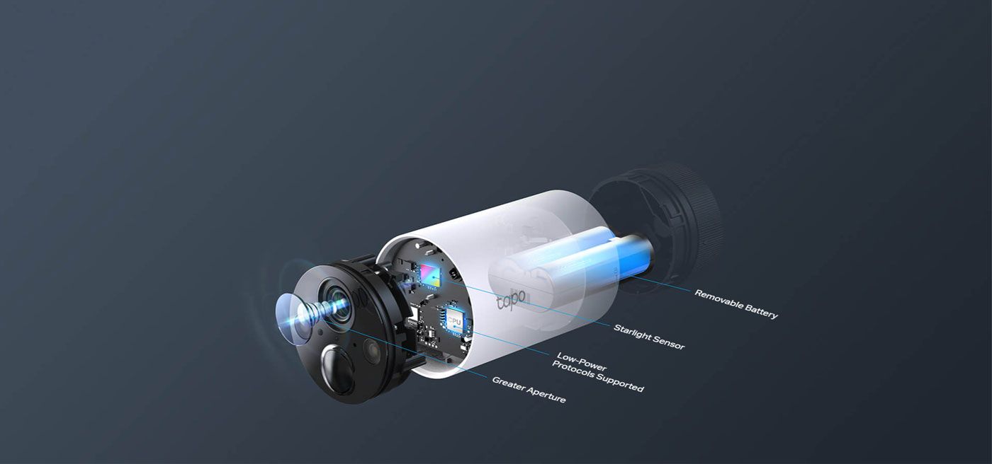 Detachable rechargeable battery pack sliding out of the Tapo 2K QHD security camera
