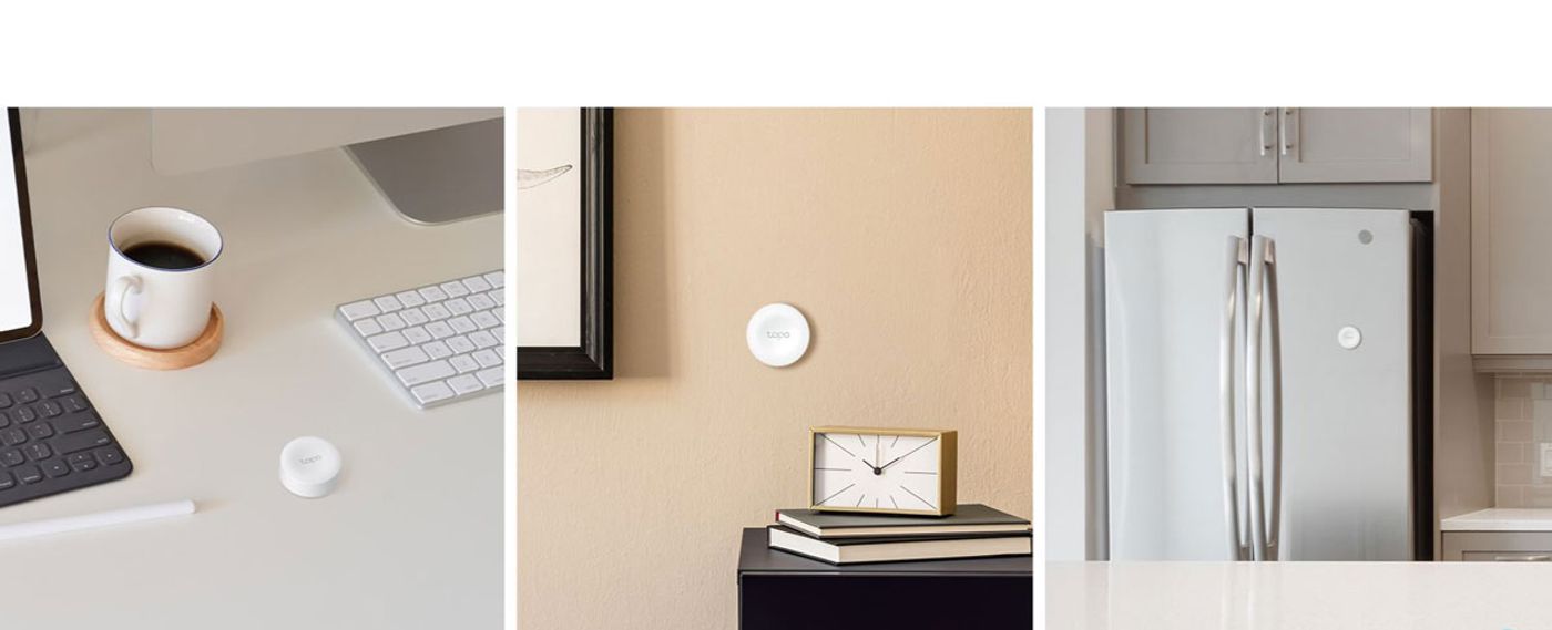 Tapo S200B smart button shown in several mounting positions around a home