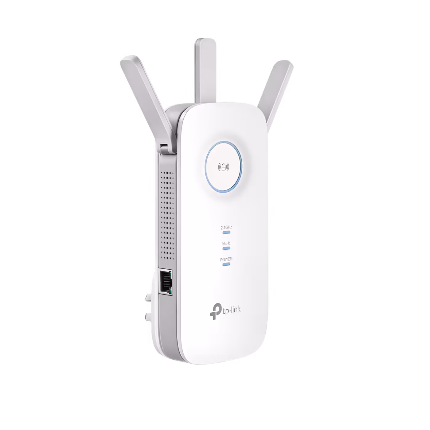 TP-Link RE450 Wi-Fi range extender plugged into a wall outlet to expand wireless coverage