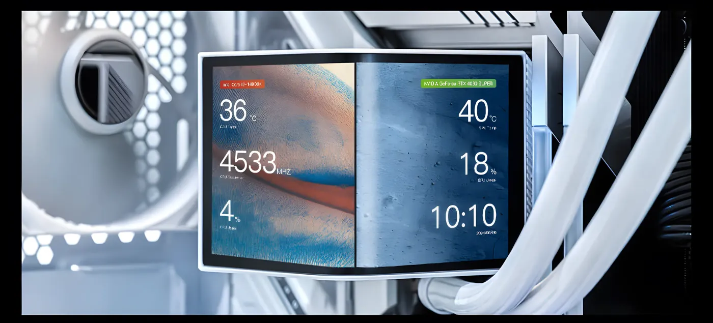Dual screen layout showing split-screen capabilities on the L-shaped display