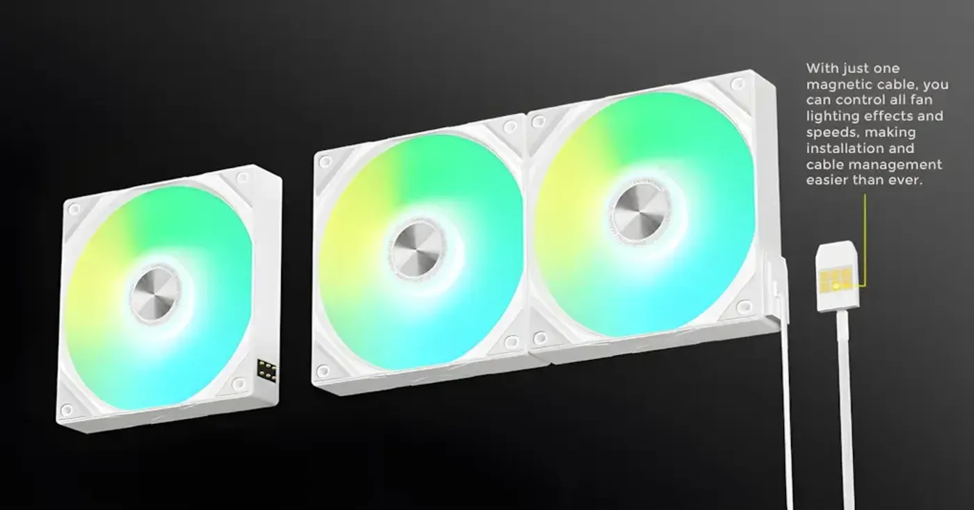 The white ROTA SL 120mm fan viewed edge-on, showing its 25mm frame and 4-pin PWM lead