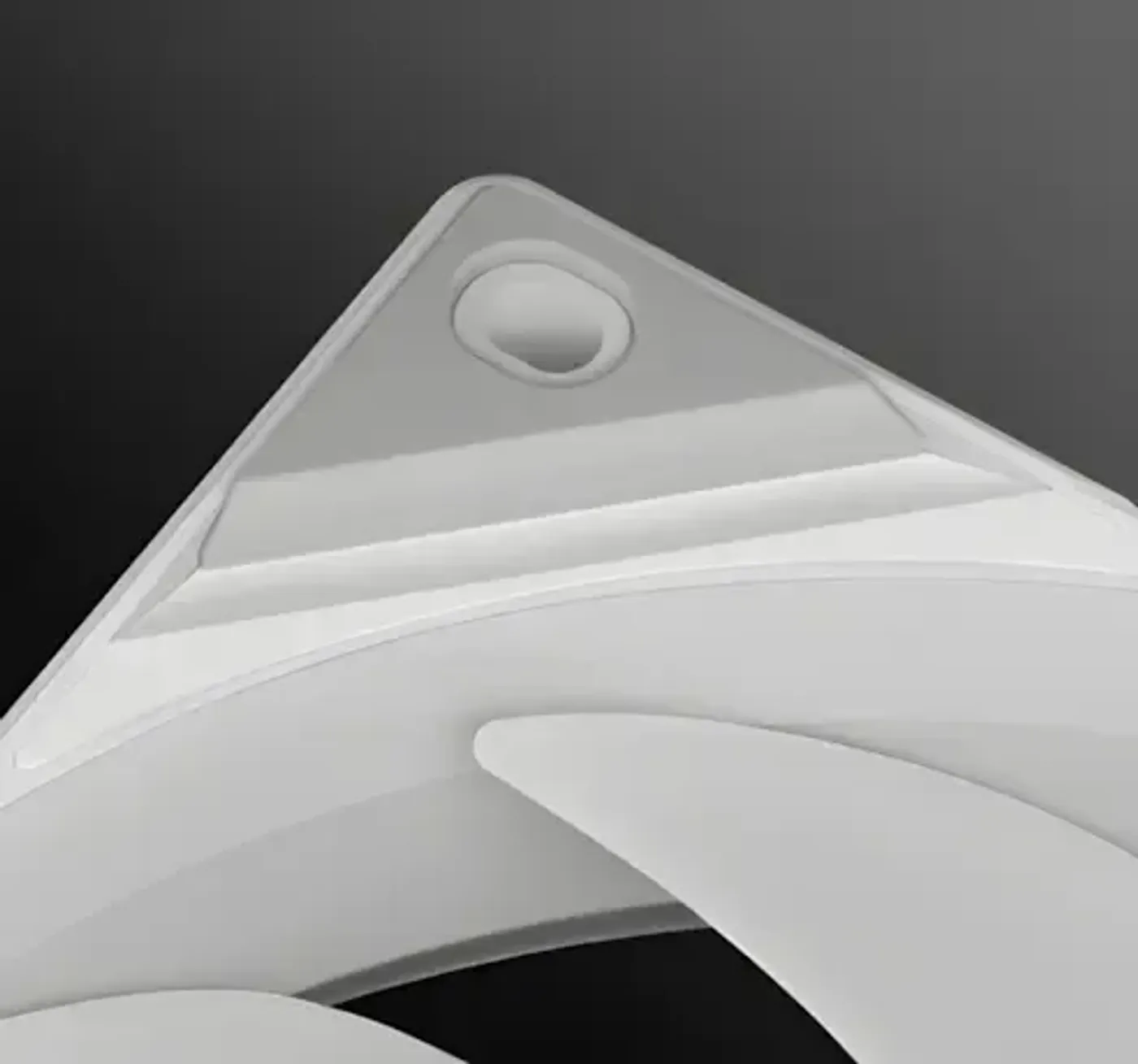Detailed view of the enlarged white anti-vibration pads on the fan corners