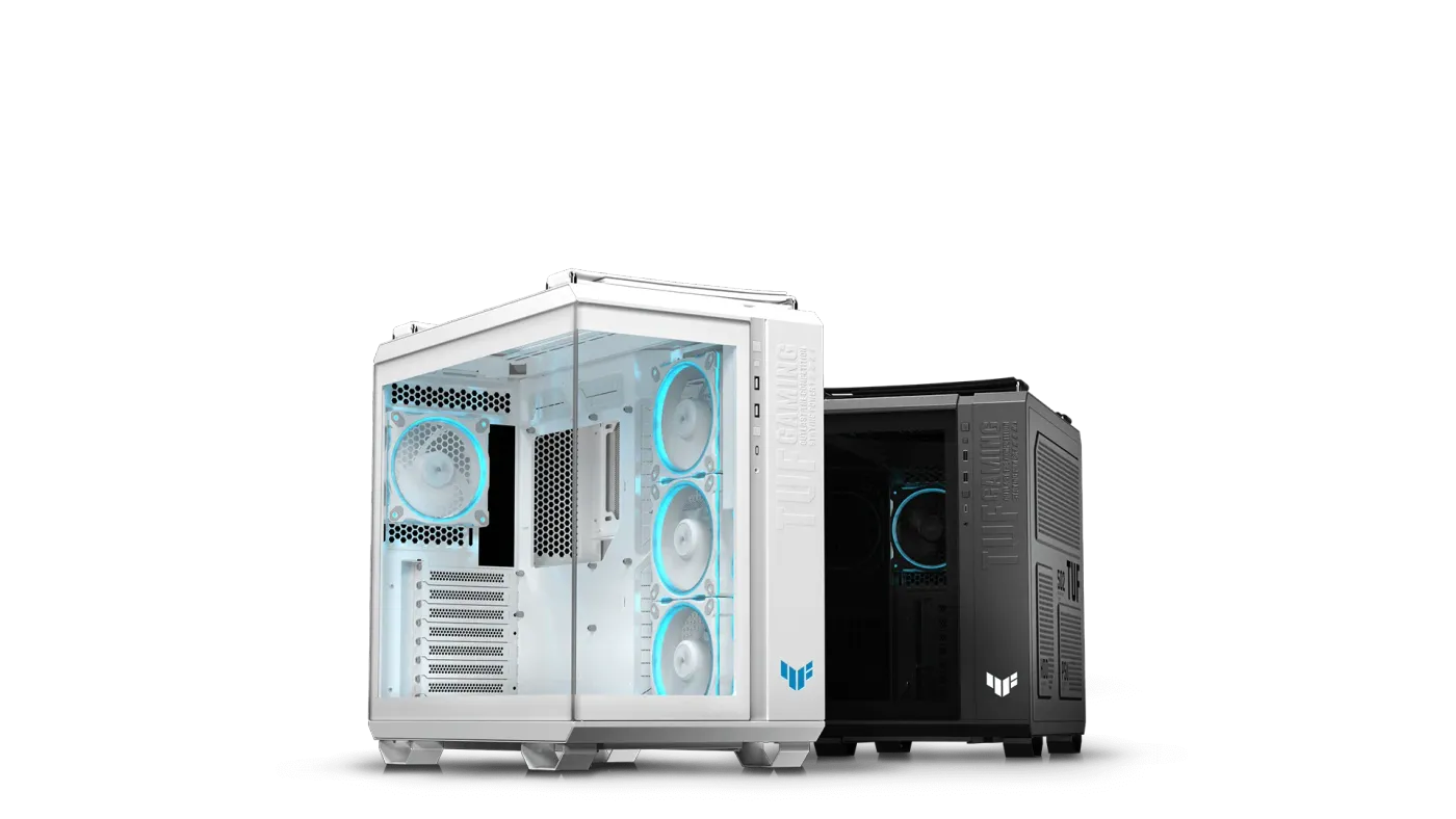 A black and a white TUF Gaming GT502 Horizon ARGB PC case side-by-side
