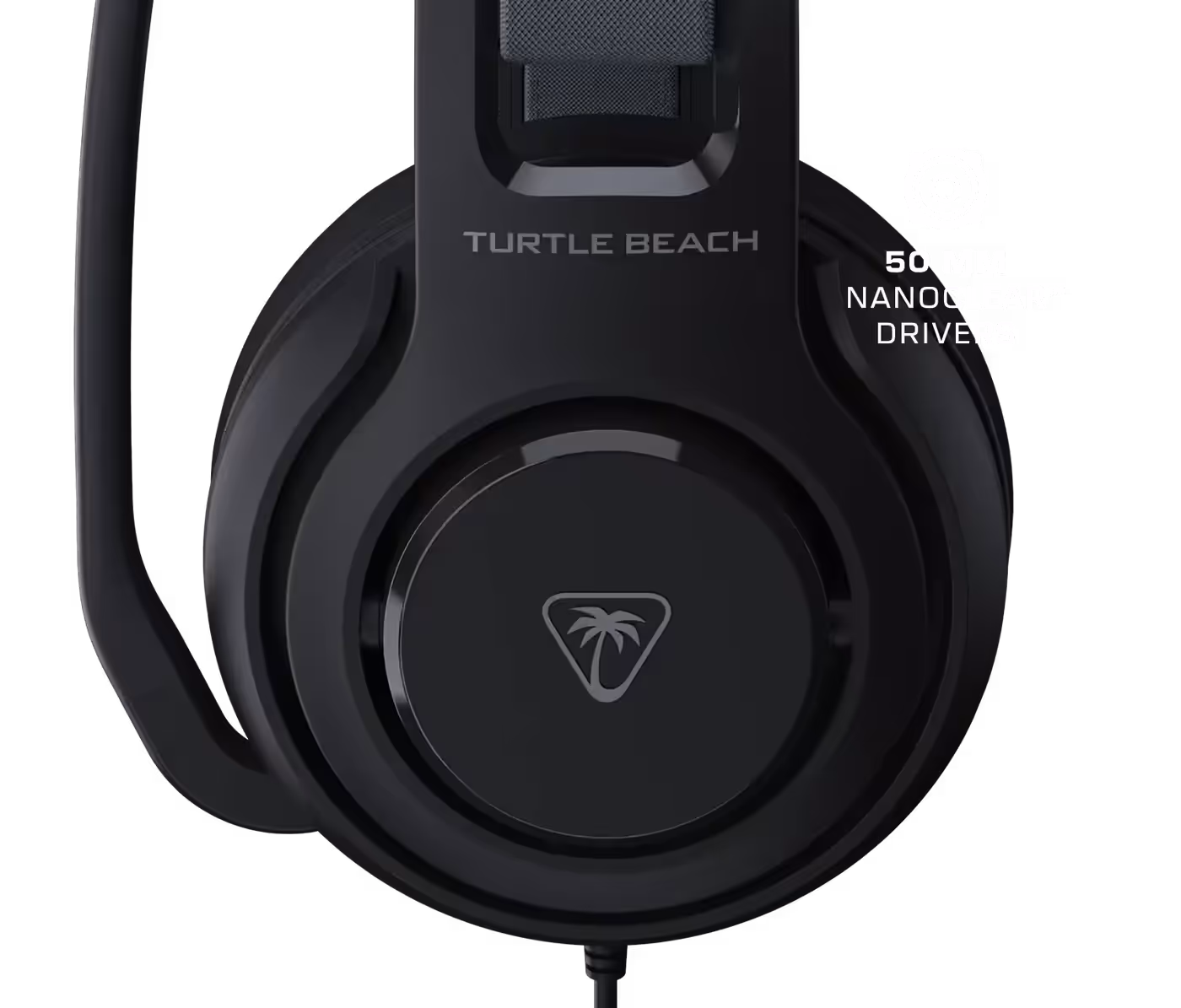 Close-up of Turtle Beach headset featuring 50mm Nanoclear drivers