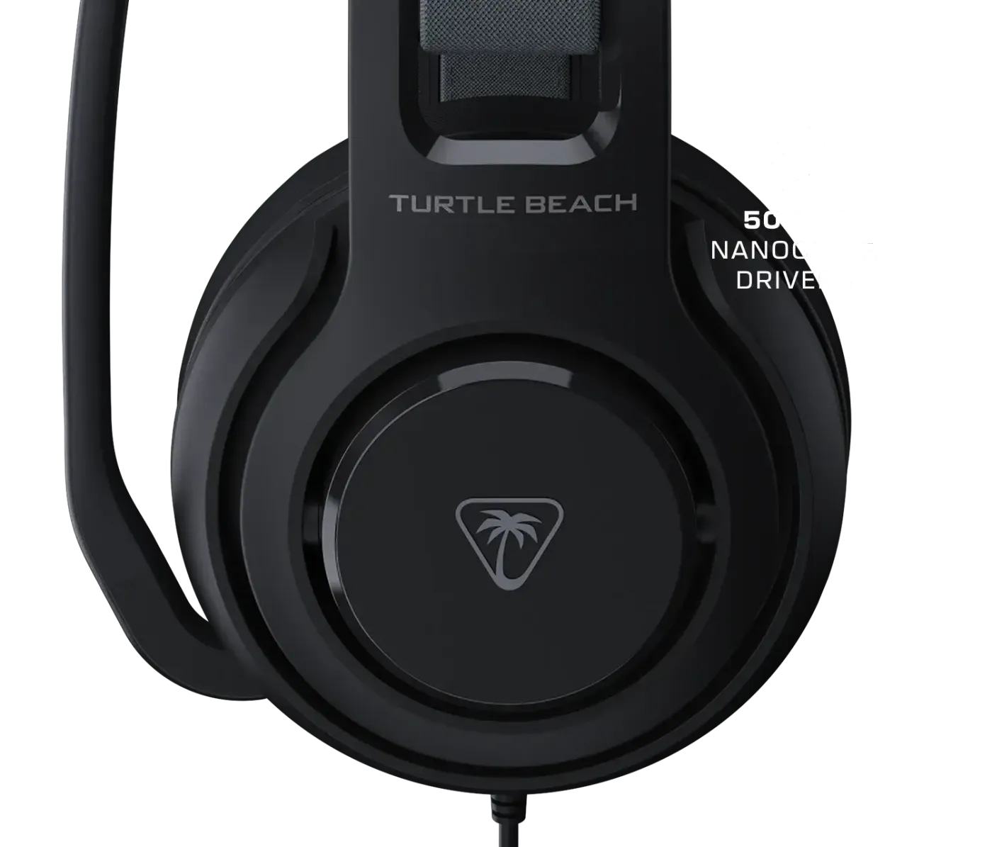 Close-up of Turtle Beach headset featuring 50mm Nanoclear drivers