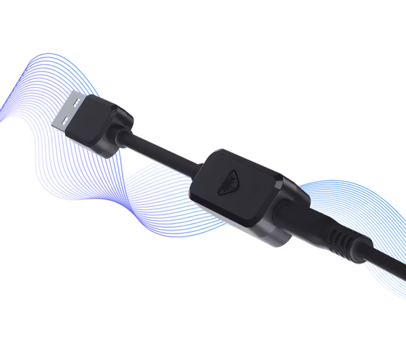Black USB cable for audio enhancements with colorful wave patterns