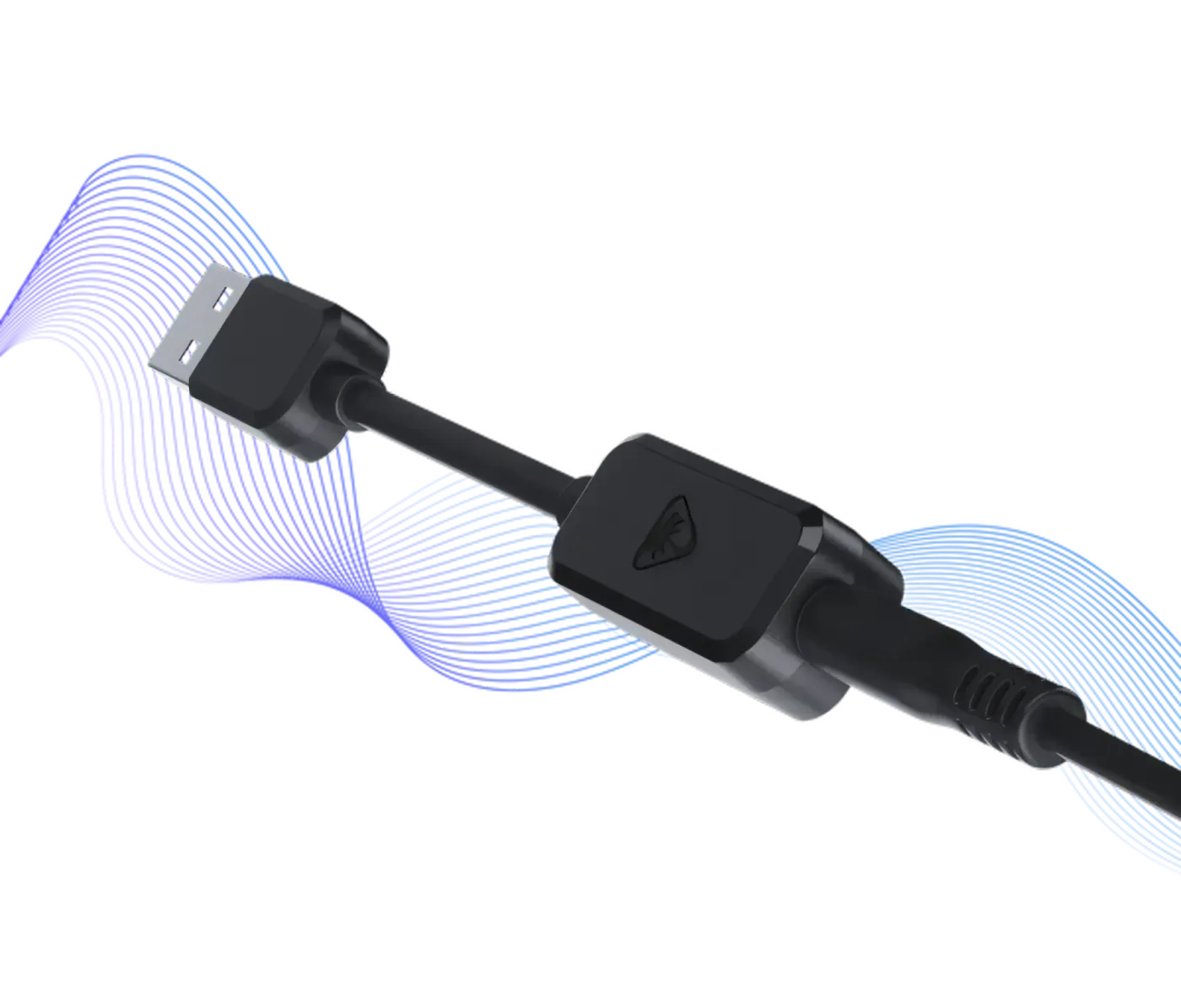 Black USB cable for audio enhancements with colorful wave patterns