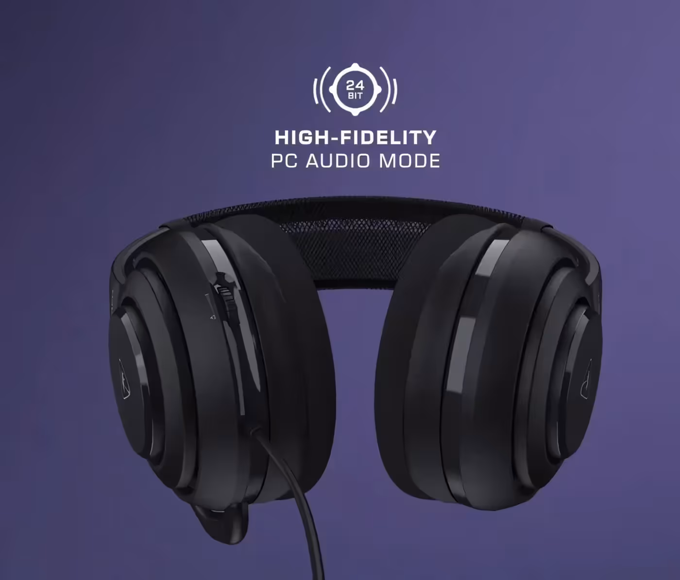Headphones showcasing high-fidelity PC audio mode on purple background