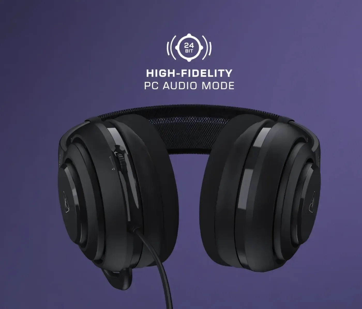 Headphones showcasing high-fidelity PC audio mode on purple background