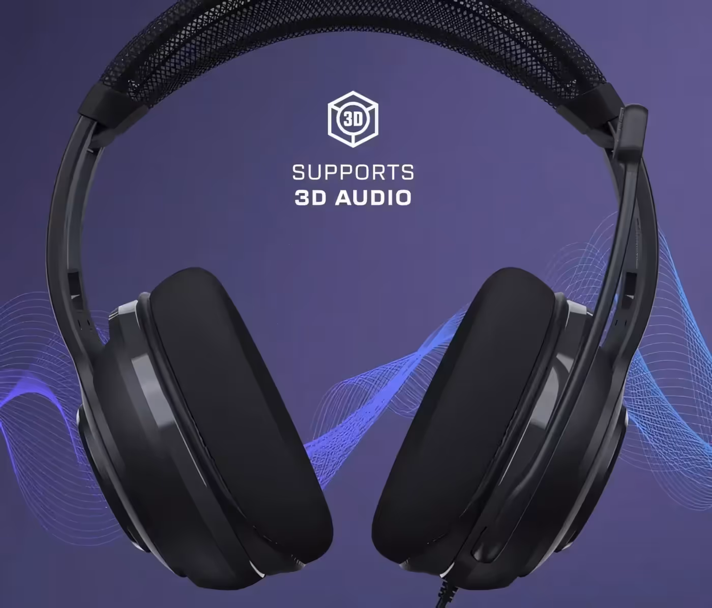 Black headphones with Waves 3D Audio support label and sound wave graphics