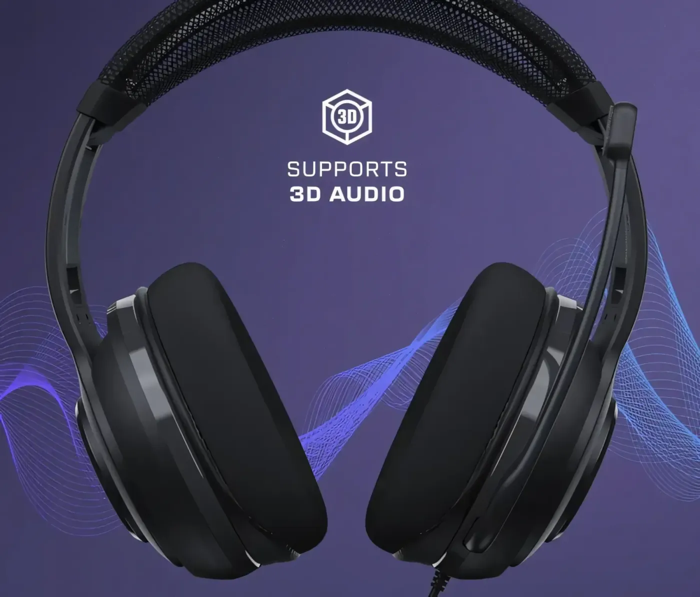 Black headphones with Waves 3D Audio support label and sound wave graphics