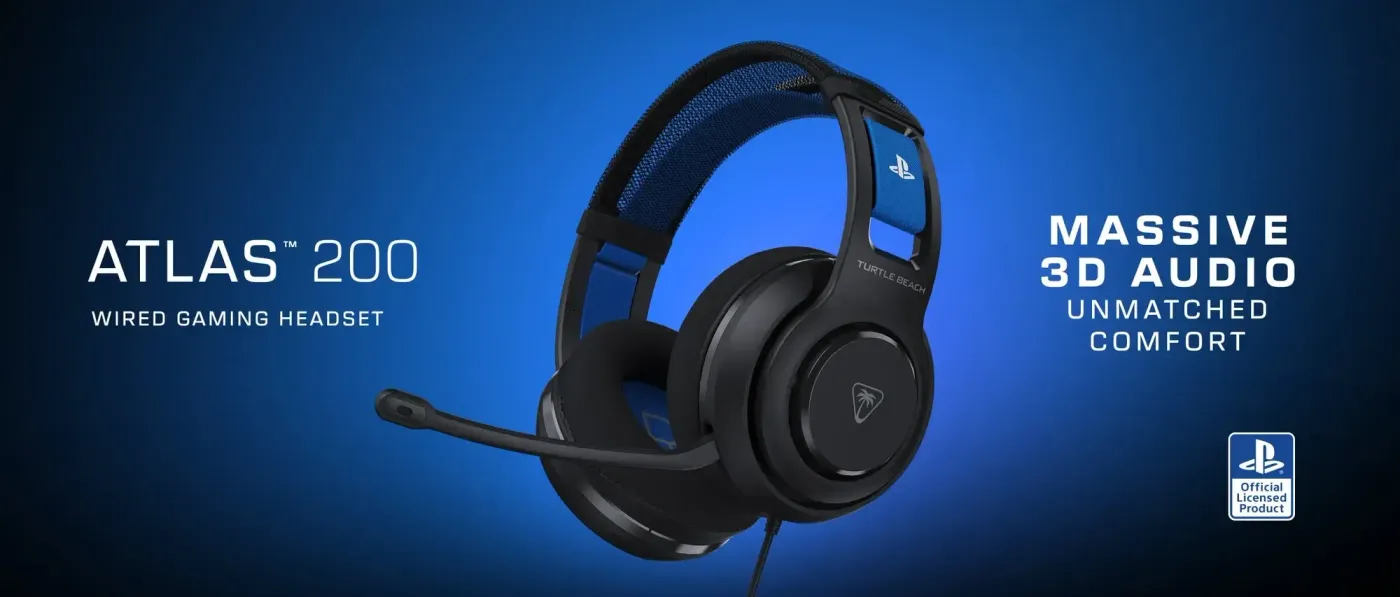 Turtle Beach Atlas 200 wired gaming headset in black, shown from the side with its microphone down