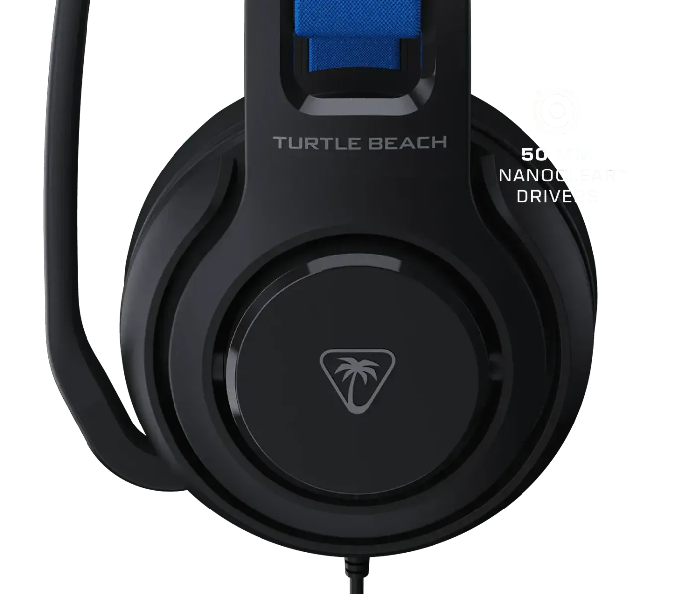 Close-up of Turtle Beach gaming headset featuring 50mm Nanoclear drivers with black design and blue accents