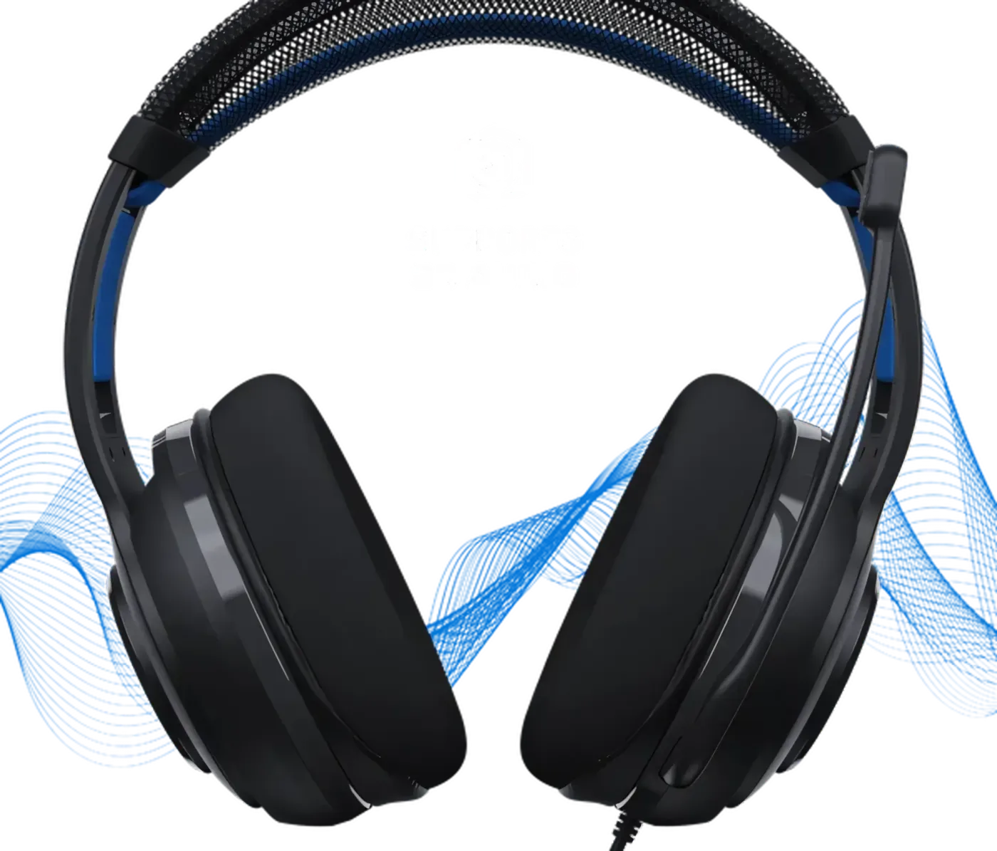 Black headphones with blue sound wave graphic and 3D Audio support label