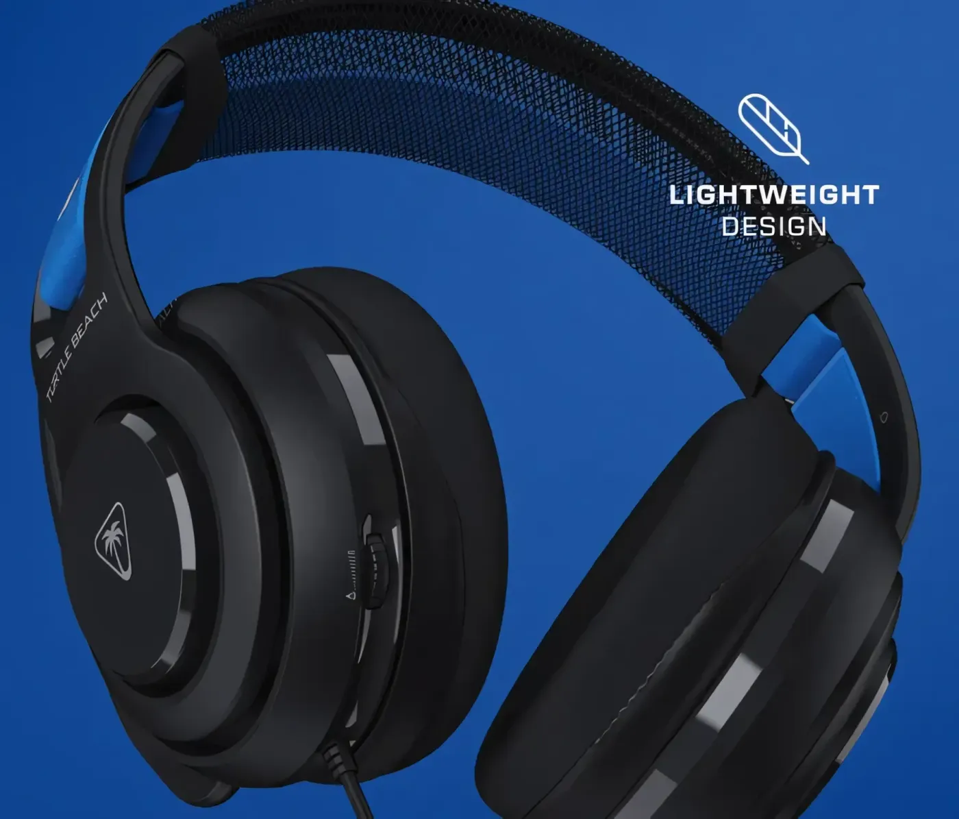 Close-up of black gaming headphones with blue accents showcasing lightweight construction
