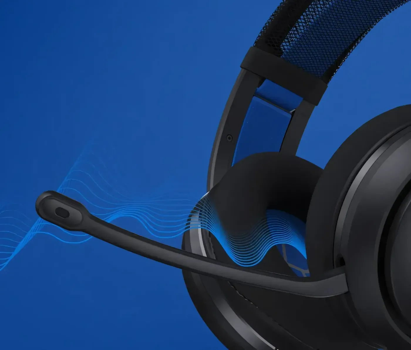 Black gaming headset with adjustable microphone and sound wave graphics