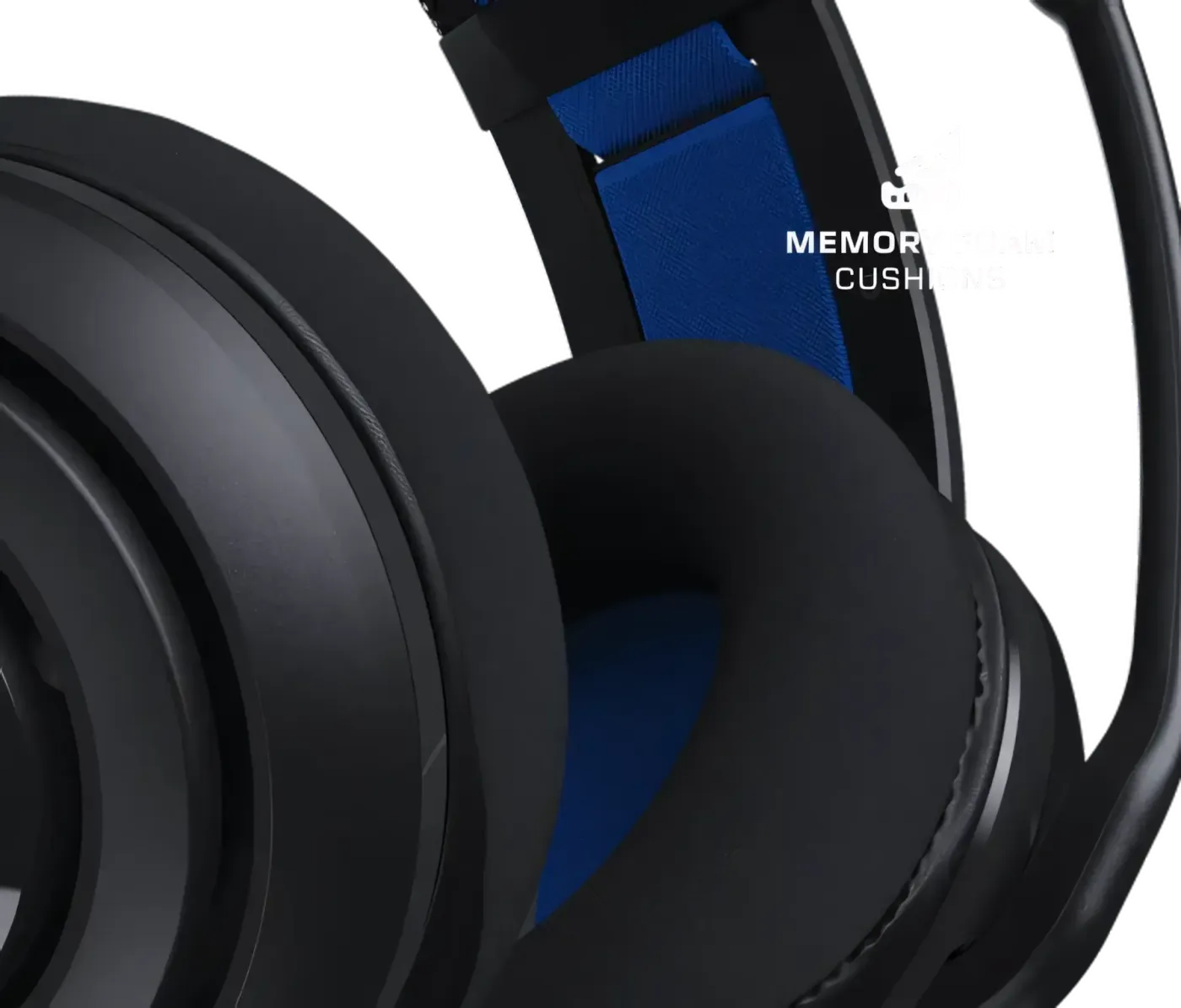 Close-up of headphones featuring memory foam cushions and blue accent on headband