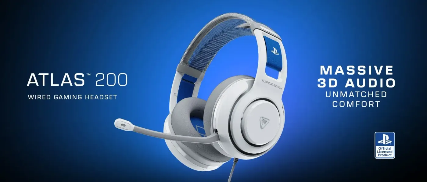 Close-up of Turtle Beach headphones with white design and blue accents showcasing 50mm Nanoclear drivers
