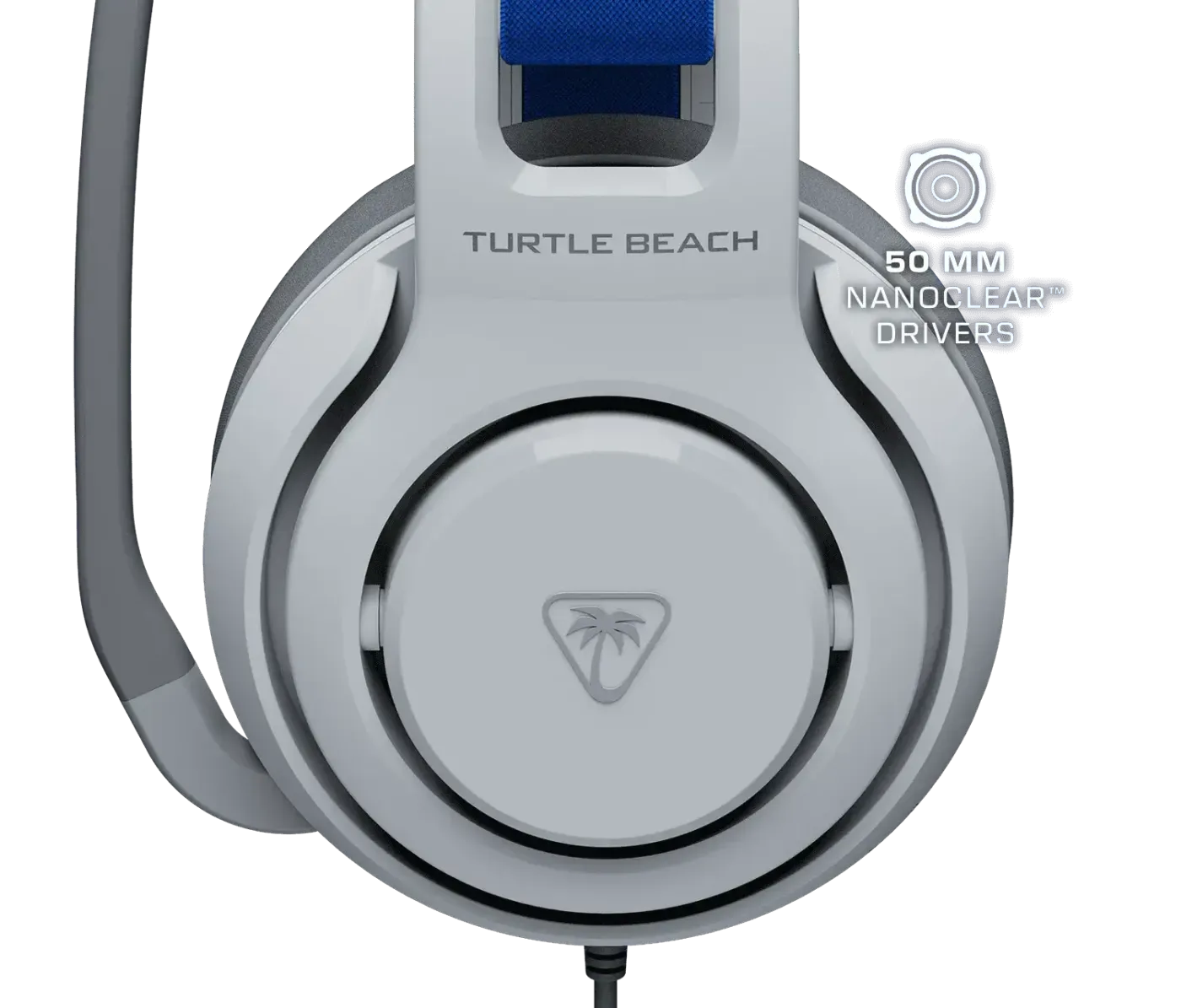 White headphones with gray ear cushions displaying blue sound wave graphics and 3D audio support label