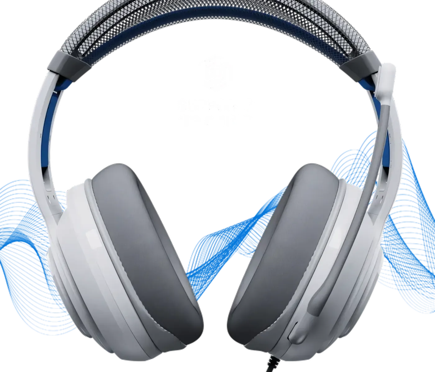 White and gray gaming headphones showcasing lightweight design with adjustable components