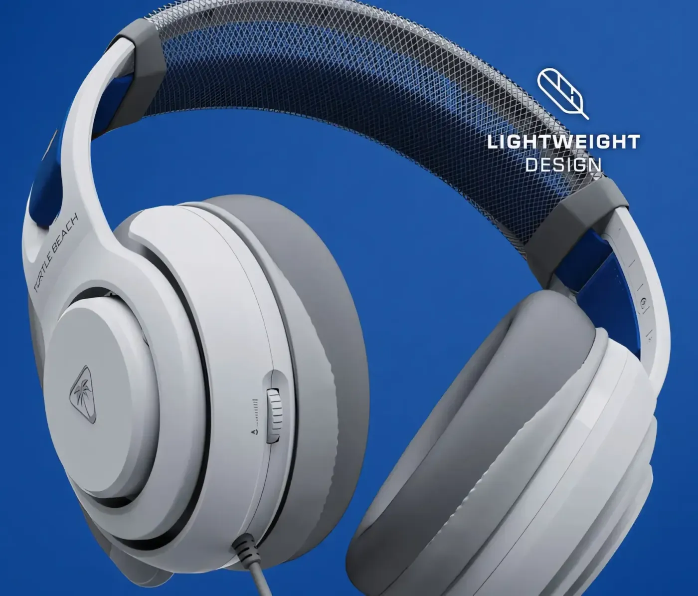 White headset with gray microphone featuring sound wave graphics on blue background