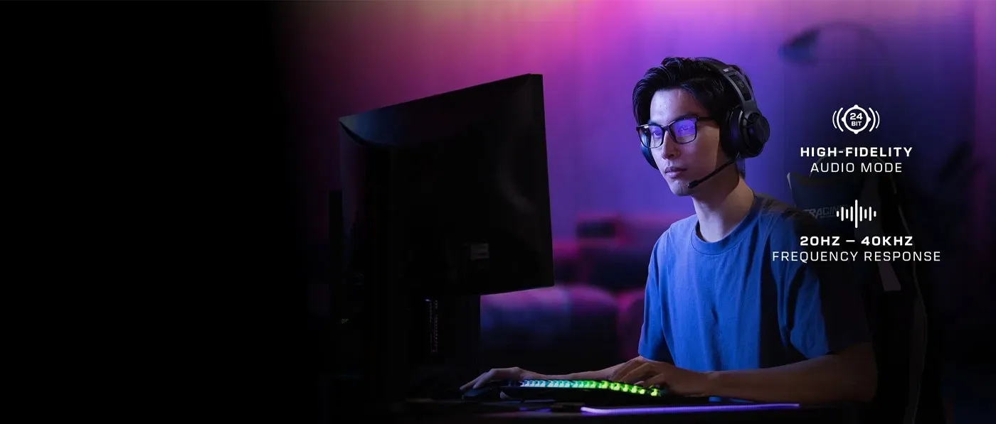 Atlas Air headset connected to a PC to run its 24-bit high-fidelity wireless audio mode