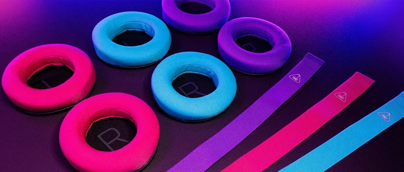 Atlas Air Mod Pack ear cushions and headband shown in royal purple, rebel pink and Bermuda blue