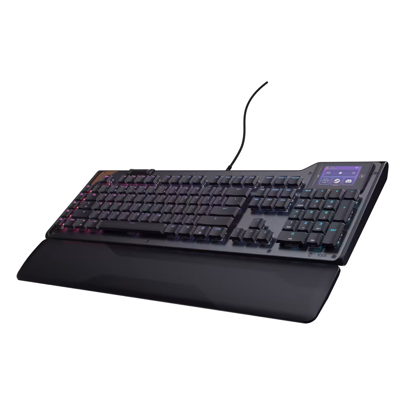 Three-quarter view of the Turtle Beach KB5 with its wrist rest