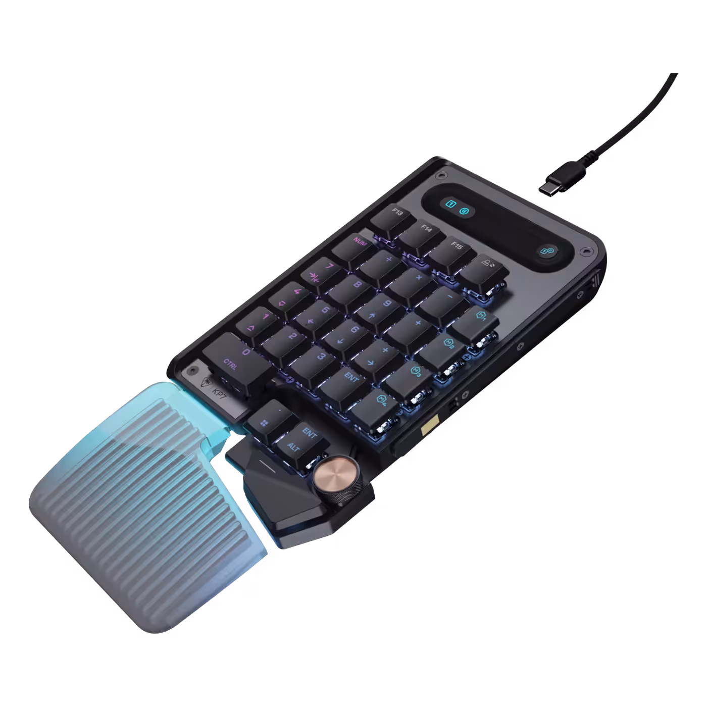 Turtle Beach KP7 keypad from a low angle with its cable
