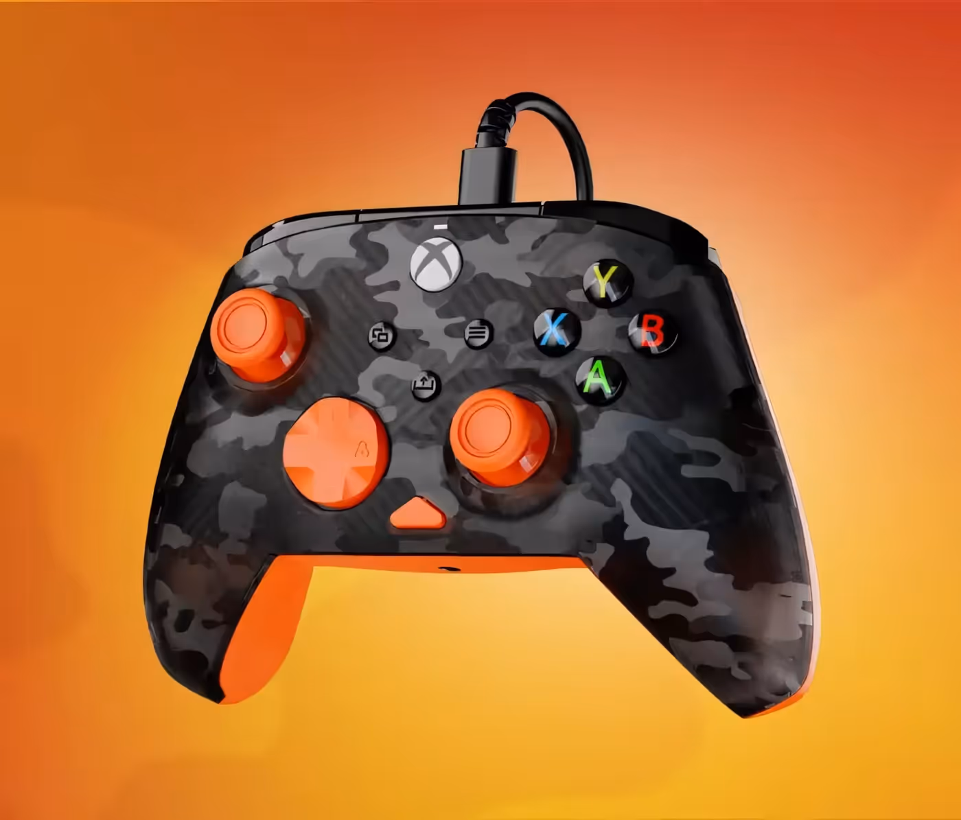 Black and orange camo gaming controller against vibrant orange background