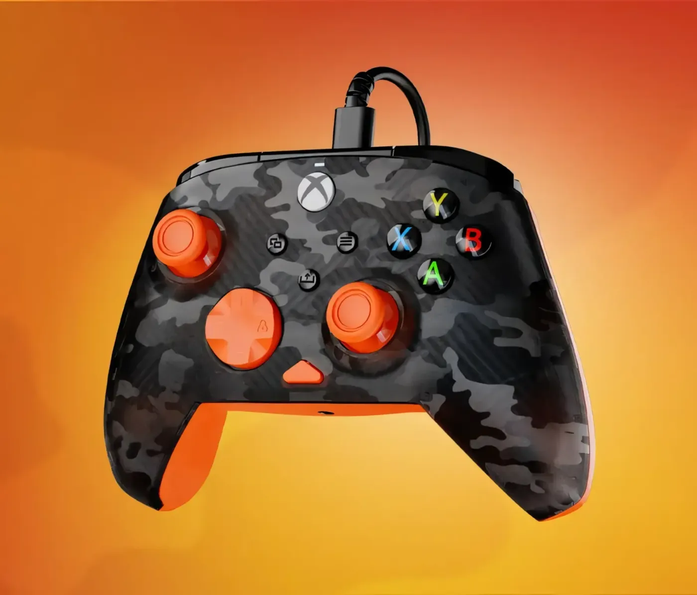 Black and orange camo gaming controller against vibrant orange background
