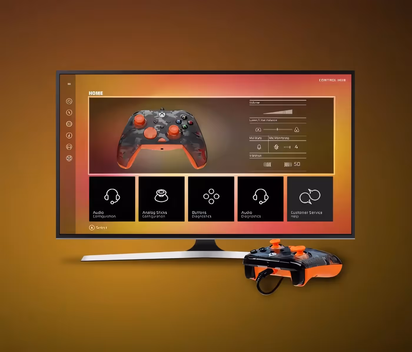 Gaming controller displayed on screen with settings options