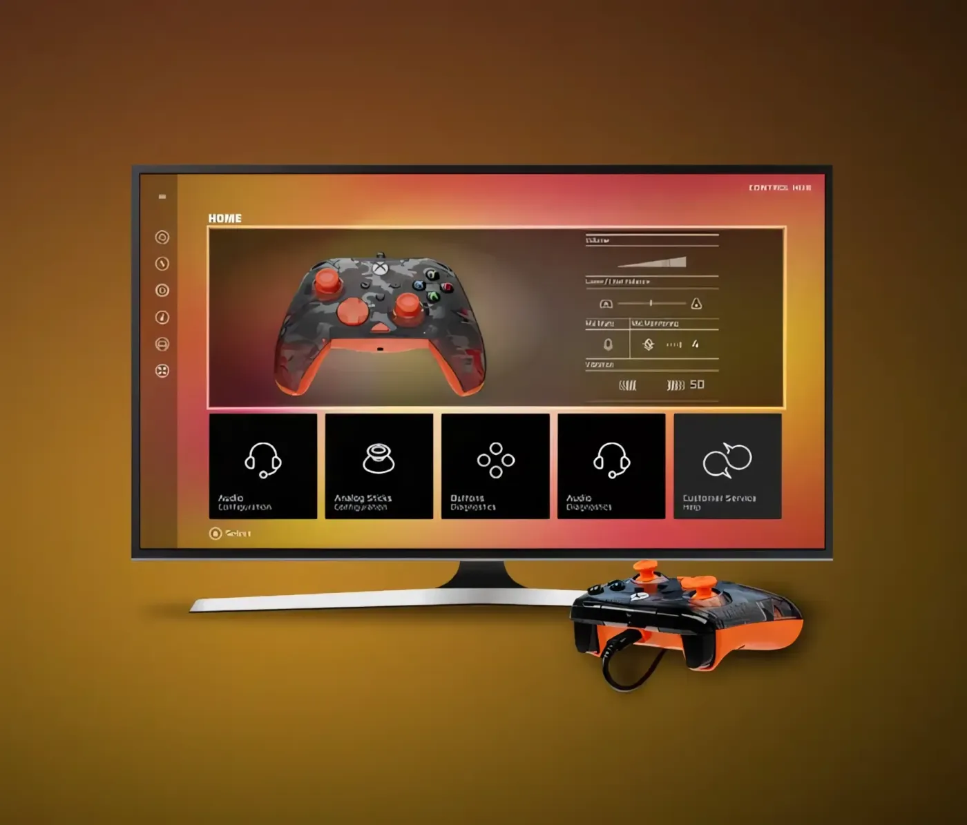 Gaming controller displayed on screen with settings options